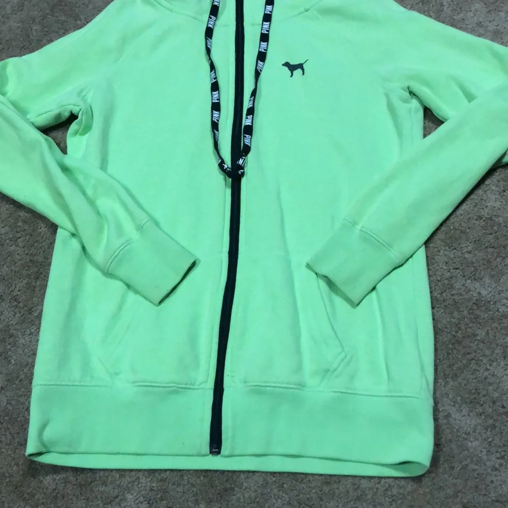 VICTORIA SECRET PINK neon green zip up hooded jacket D4 - Picture 3 of 6